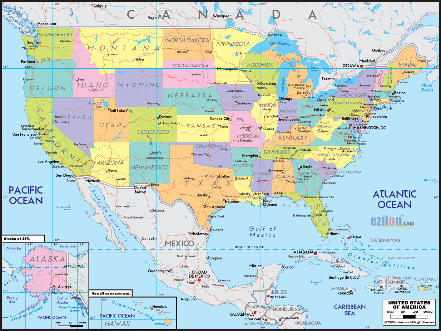 Large political and administrative map of the United States with roads